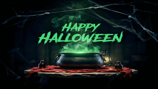 Happy halloween greeting card with a witch cauldron boiling green magic potion on a dark table