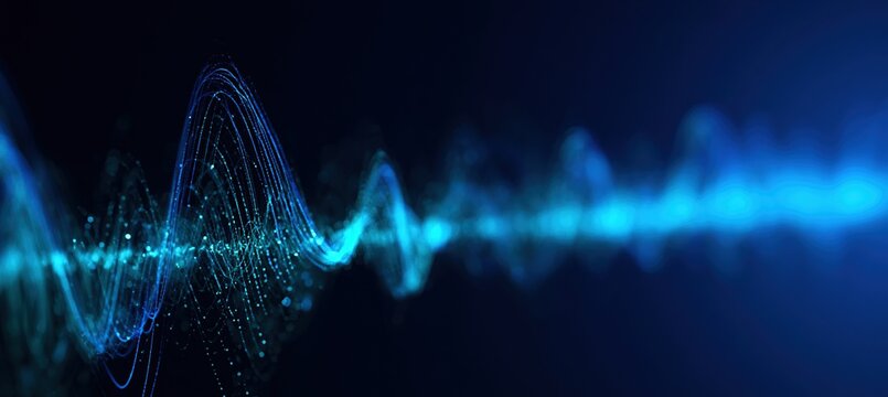 Blue radio waveform ribbons flowing through digital communication nodes on navy background