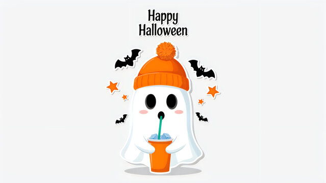 Cute cartoon ghost wearing an orange hat drinking a beverage for happy halloween celebration with bats and stars