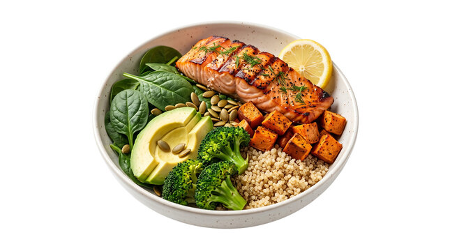 Grilled salmon bowl with avocado and quinoa. Healthy salmon salad with broccoli and sweet potato. Nutritious fish meal for diet and wellness.