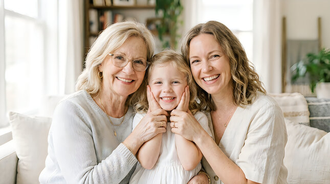 Three generations of women smiling together at home, grandmother mother and daughter portrait