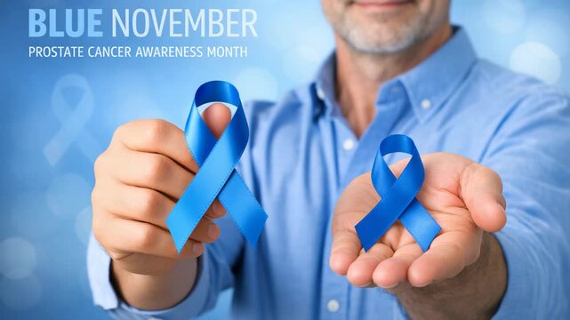 Blue ribbon held in one hand, symbolizing awareness. Man wears light blue shirt, facing forward. Other hand gently cradles second ribbon. Soft bokeh background enhances focus on ribbons