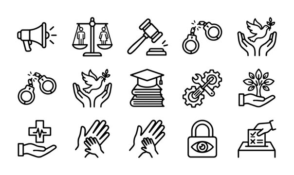 Human Rights Icons Set: Justice, Freedom, Education, Healthcare, Equality, Peace