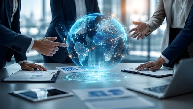 Business team in a meeting pointing at a glowing digital globe hologram on a desk discussing global strategy and international networking.