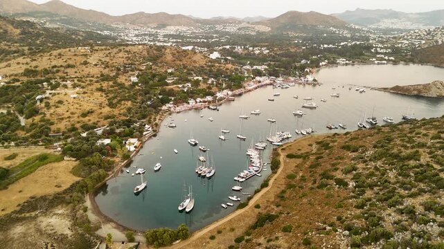Aerial Drone Flyover Bodrum Bay Sailboats Turkey 4K