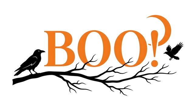 Halloween Boo text design with black crows on a tree branch for spooky holiday greeting