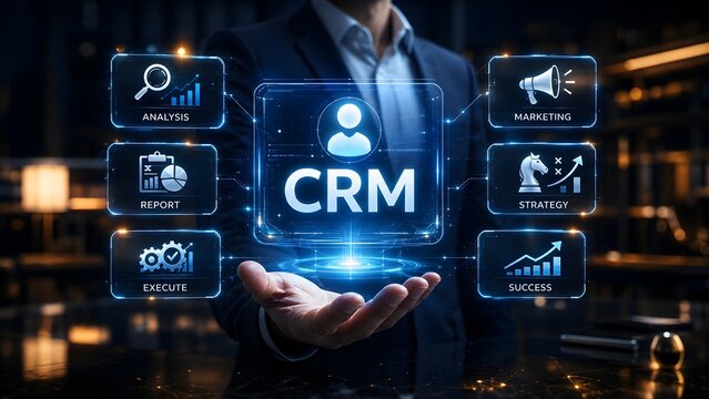Businessman holding glowing futuristic CRM dashboard with marketing strategy analysis and success icons.