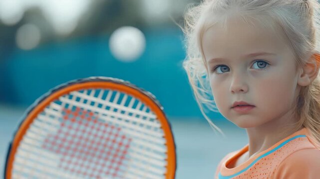 A young girl holding a tennis racket on a court.