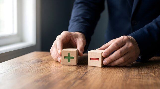 Man holding wooden blocks with plus and minus symbols on a table, business