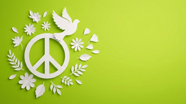White paper cutout peace sign with dove and flowers on green background symbolizing harmony and serenity in nature