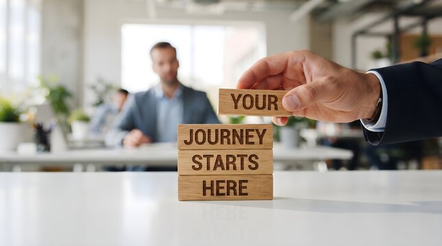 Business concept with wooden blocks spelling your journey starts here, business