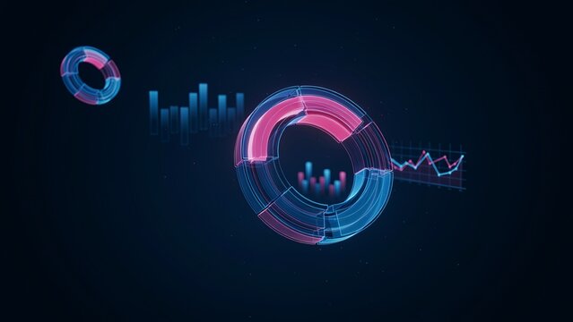 3d donut charts and data graphs with neon pink and blue glow