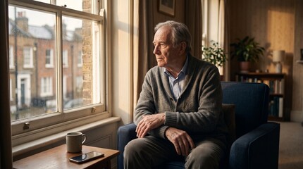 Fototapeta premium An elderly man sits in an armchair, gazing pensively out of a window at the street outside. Sunlight streams into the room, casting long shadows and highlighting his thoughtful expression.