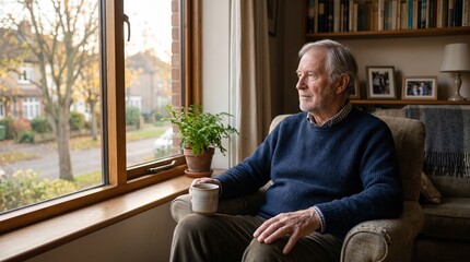 Fototapeta premium An elderly man sits in a comfortable armchair, holding a warm mug and gazing thoughtfully out the window at a serene autumn landscape.