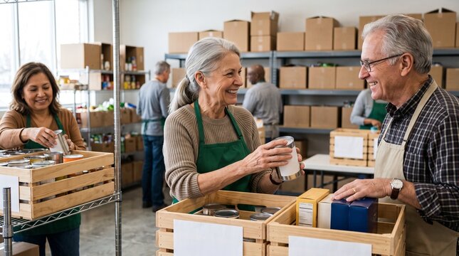 A group of senior volunteers cheerfully sort donations in a well-stocked warehouse, embodying community spirit and selfless service.