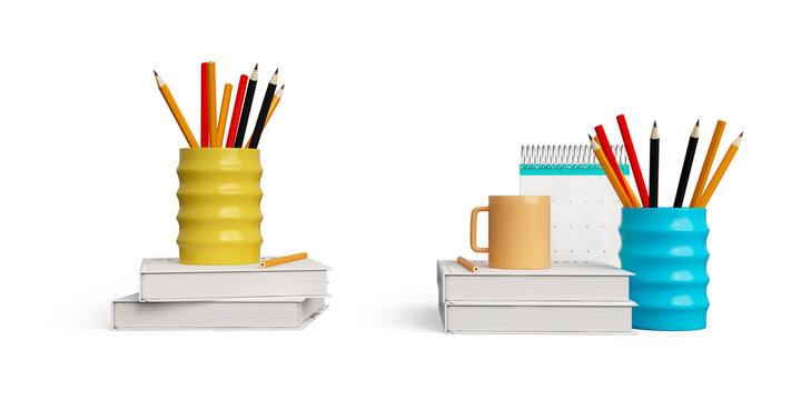 3D back to school study supplies set with pencil holder and notebooks isolated on transparent background