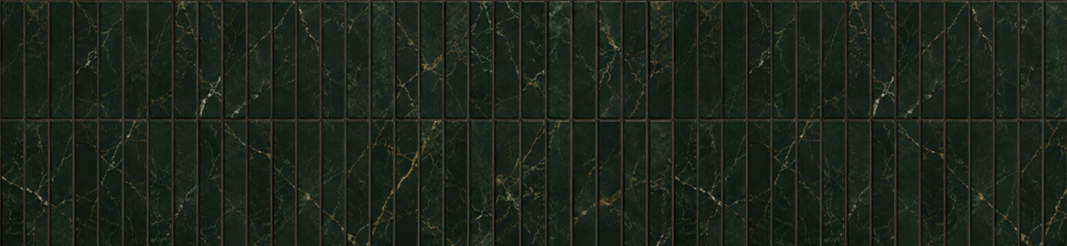 Panoramic dark green marble finger mosaic tiles with fine gold veining arranged vertically