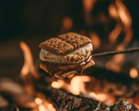 delicious hot smore dessert with melted chocolate and toasted marshmallow on graham cracker held over campfire flame close up concept of outdoor camping food snack and cozy campfire night