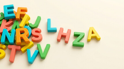Fototapeta premium Scattered Colorful Wooden Alphabet Letters on White Background
