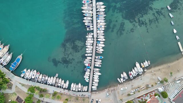 Aerial Drone Flyover Bodrum Marina Turquoise Sea Turkey