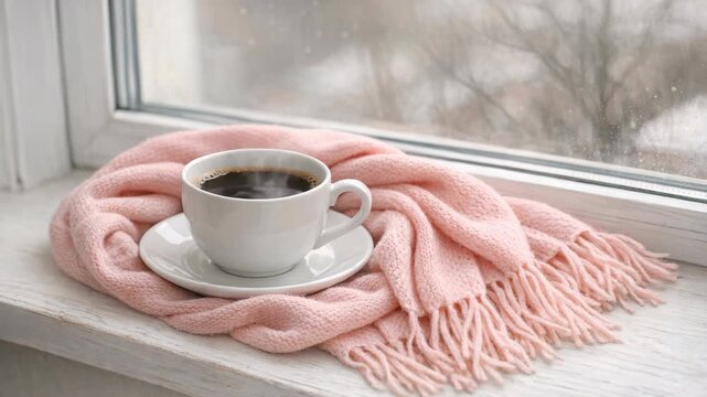 Cozy cup of coffee rests on pink blanket. Window frames soft, snowy outdoor view. Warm tones evoke comfort and quiet peace. Blanket's fringes drape gently beside the cup