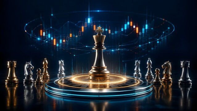 Futuristic chess king on glowing platform surrounded by digital stock market charts, cyber security and algorithmic trading business strategy concept