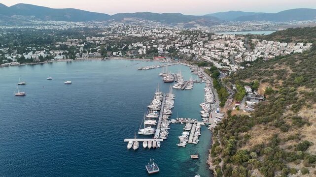 Aerial Drone Flyover of Bodrum Marina Bay Turkey 4K