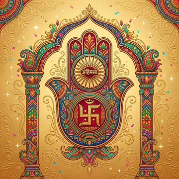 Intricate Hamsa hand illustration with traditional religious symbols.