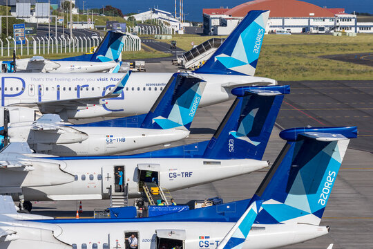 SATA Air Azores airplane tails at Ponta Delgada airport in Portugal