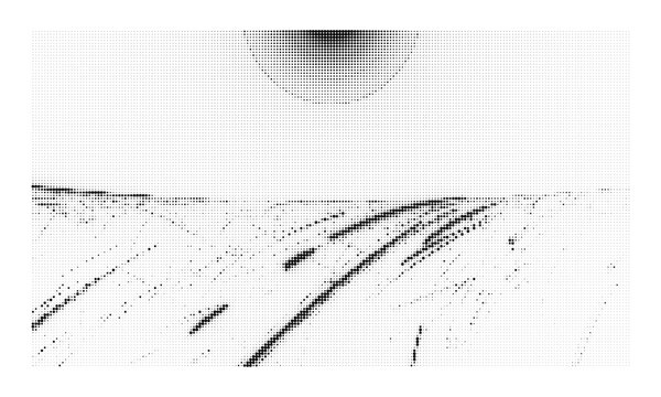 Abstract monochrome halftone dotted landscape design with a large circular sun shape