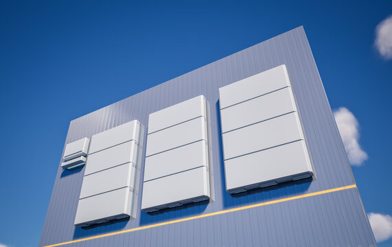 Group of home batteries or energy storage systems on wall outdoor