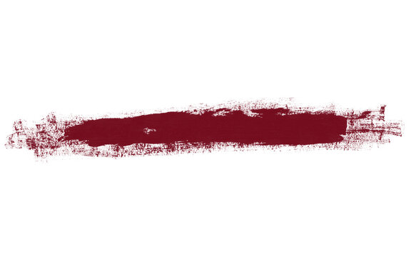 Burgundy red paint stroke on white background. Grungy maroon brush stroke texture. Dark red ink smear for graphic design and artistic borders.