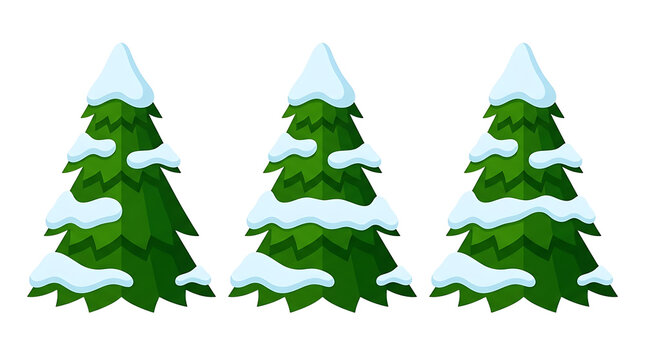 Snowy evergreen trees set, three green pine trees with winter snow, flat vector style Christmas fir trees on white background