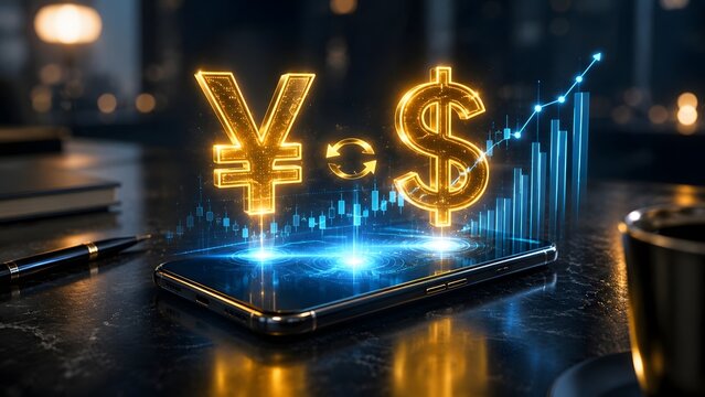 Mobile forex trading app showing Yen and Dollar exchange hologram on smartphone with rising stock market charts on desk