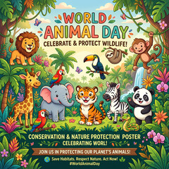 Fototapeta premium Jungle animals celebrating World Animal Day on nature poster.