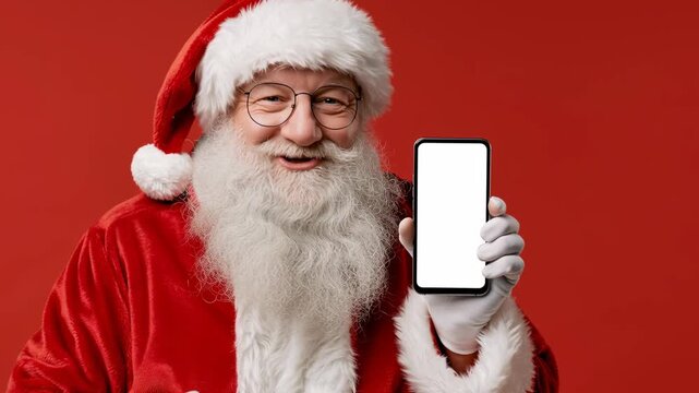 Santa Claus smiles warmly, holding a smartphone. He gestures invitingly with one hand. Bright red background enhances holiday cheer. Perfect for digital marketing or festive campaigns