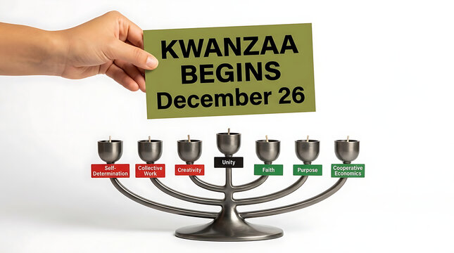 Kwanzaa holiday announcement card, traditional kinara candle holder with seven principles, December 26 celebration date