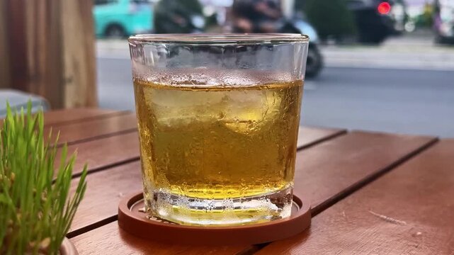 Close-up of a cold beer on a wooden table at an outdoor cafe.