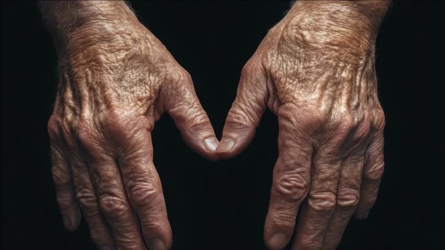 A pair of aged hands showing the skin's wrinkles and the bent knuckles.