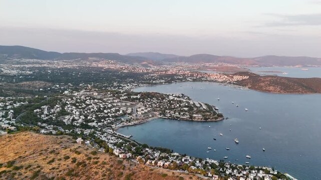 Aerial Drone Flyover Bodrum Bay Coastline at Dusk Turkey