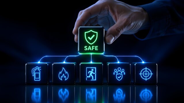 Hand stacking black metallic cubes with glowing blue icons for fire safety, emergency exit, and training under a green safe shield block.