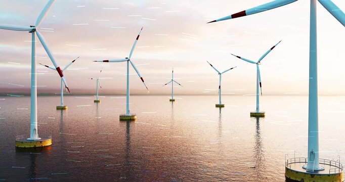 Renewable energy offshore wind farm with glowing digital data streams. Sustainable energy related 3d animation.