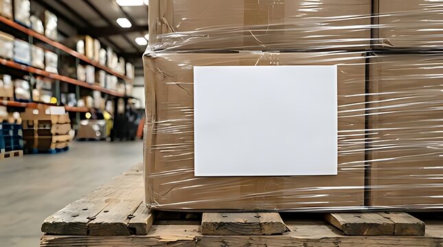 Cardboard boxes wrapped in plastic stretch film on a wooden pallet inside