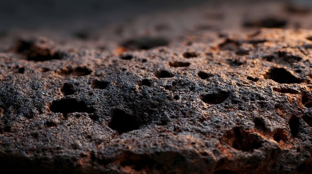 Close up of rough volcanic rock surface showing textured pores under warm lighting for abstract background use