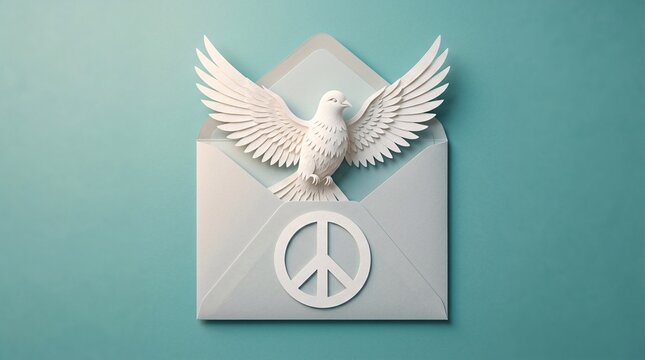 White dove emerging from an envelope with a peace sign on a teal background symbolizing harmony and peaceful communication