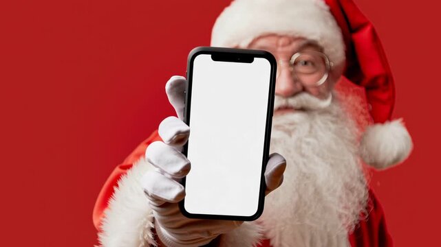 Santa holds phone, smiling warmly. White beard, red suit, glasses, festive. Blank screen ready for your message or design. Perfect for holiday tech, digital marketing, or promotions