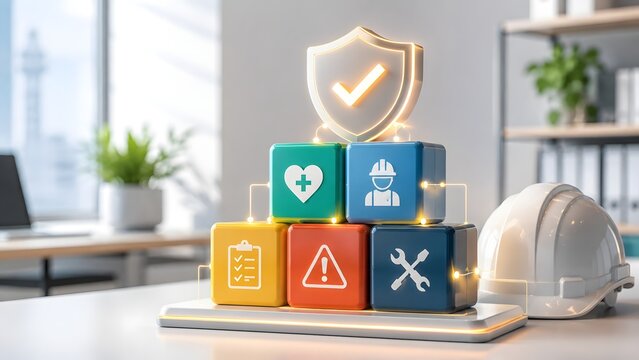 Colorful safety management modules with HSE icons and connected lines under a glowing shield, modern workplace risk control