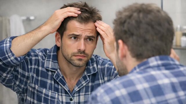 A man adjusting his hair while looking at his reflection in the mirror. He is wearing a blue plaid shirt.