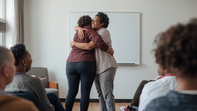 Hugging two colleagues wearing patterned shirts and glasses in small meeting room, whiteboard
