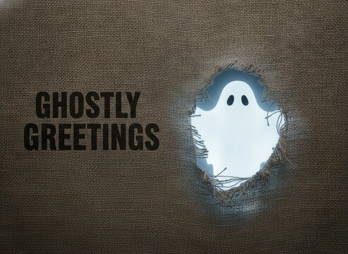 Cute white ghost illustration with ghostly greetings text for halloween holiday celebration